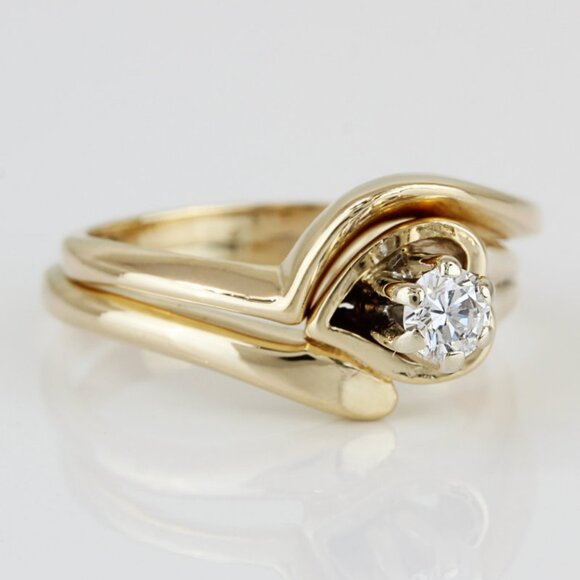 14k Yellow Gold Solitaire Diamond Heart Bridal Wedding Band Engagement Ring Set - Picture 3 of 9